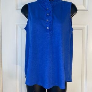 LOFT Blue Cotton Ruffle Neck Sleeveless Button Blouse XSP Petites